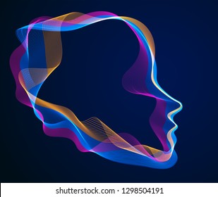 Spirit of digital electronic time, Artificial Intelligence vector illustration of human head made of dotted particles wave lines, particle flow, technological soul of machine.