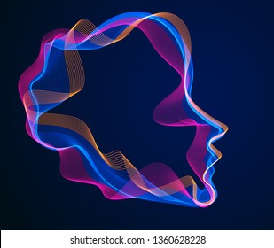 Spirit of digital electronic time, Artificial Intelligence vector illustration of human head made of dotted particles wave lines, particle flow, technological soul of machine.