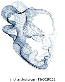 Spirit of digital electronic time, Artificial Intelligence vector illustration of human head made of dotted particles wave lines, particle flow, technological soul of machine.