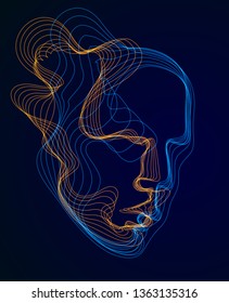 Spirit of digital electronic time, Artificial Intelligence vector illustration of human head made of dotted particles wave lines, particle flow, technological soul of machine.