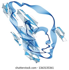 Spirit of digital electronic time, Artificial Intelligence vector illustration of human head made of dotted particles wave lines, particle flow, technological soul of machine.