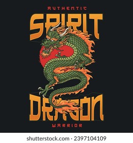 Spirit dragon colorful vintage poster with green authentic reptile to decorate equipment of oriental warriors vector illustration