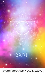 Spirit element symbol inside Metatron Cube and Flower of Life in front of outer space cosmic background. Sacred geometry magic sign futuristic vector design.