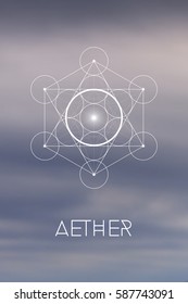 Spirit element symbol inside Metatron Cube and Flower of Life in front of natural blurry background. Sacred geometry futuristic vector design.