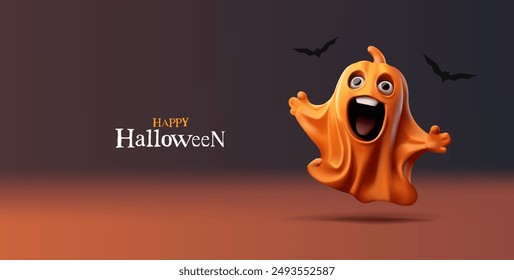 El espíritu vuela y grita, asusta, murciélago, 3D. Feliz Halloween. Anuncio moderno oscuro para conceptos publicitarios. Ilustración vectorial.