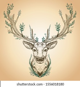 Spirit of the Forest, hand drawn graphic sketch illustration with a deer with big antlers and leaves growth on it, front view