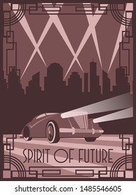 Spirit Of Future Car Art Deco Poster Style Retro Futurism Illustration 