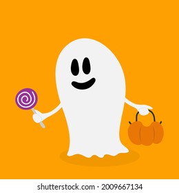 Spirit ghost. Happy Halloween. Cute cartoon Halloween ghost. Orange background. Vector illustration