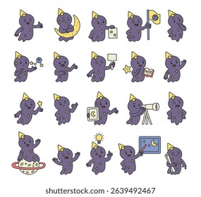 Spirit guide character set with astronomy teachers using stars, scrolls, moons, planets, books, signs, telescopes, thoughts, knowledge, ideas, communication and science tools
