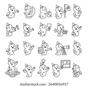 Spirit guide character set with astronomy teachers using stars, scrolls, moons, planets, books, signs, telescopes, thoughts, knowledge, ideas, communication and science tools