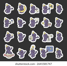 Spirit guide character set with astronomy teachers using stars, scrolls, moons, planets, books, signs, telescopes, thoughts, knowledge, ideas, communication and science tools
