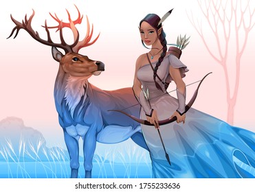 Spirit guides in the nature. Vector fantasy illustration representing an archer elf with deer

