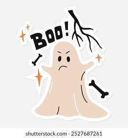 Spirit halloween sticker, character ghost with boo face, stars, bones. Vector illustration isolated