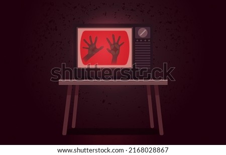 Spirit hand inside the screen of vintage television on red grunge background. Illustration about horror scary movie, zombie, monster.