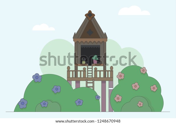 Spirit\
house vector illustration: little house in bushes, flowers, sky and\
clouds . Spirit house is a shrine for the spirit of a place that\
you can found in countries of South-Eastern Asia.\
