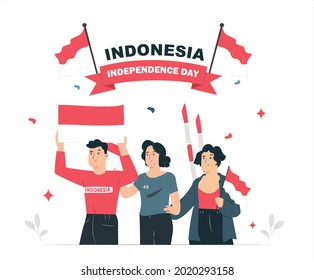 spirit of Indonesian Independence Day. 17 august a group of young people celebrating independence day carrying a flag with enthusiasm, a symbol of freedom. Use for banners, and backgrounds
