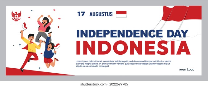 spirit of Indonesian Independence Day. 17 august 3 youths carrying flags celebrating independence day by carrying flags with enthusiasm. Use it for banners, and backgrounds.
