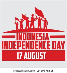 spirit of Indonesian Independence Day. 17 august 3 youths carrying flags celebrating independence day by carrying flags with enthusiasm. Use it for banners, and backgrounds.