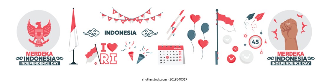 The spirit of Indonesian Independence Day, set of icons to commemorate Indonesian Independence Day. flag, garuda, konveti, bamboo and others August 17 1945, greetings posters and banners