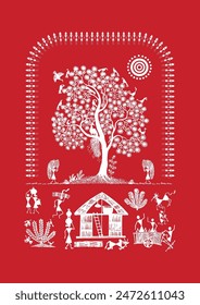 Spirit of the Land: A Captivating Warli Story - Village After the Monsoon. Warli Kunst, ländliche Lebensmalerei Indien, indische Stammeskunst, Warli Dorfszene, Warli.