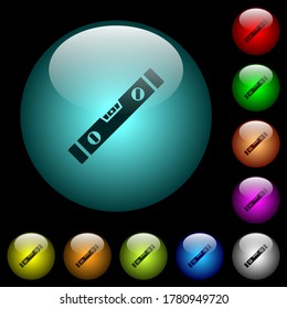 Spirit level icons in color illuminated spherical glass buttons on black background. Can be used to black or dark templates