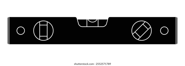 Spirit level vector icon. Bubble level tool symbol. Building and engineering equipment. Measure. Symbolizing precision and balance. Black silhouette isolated on white background.