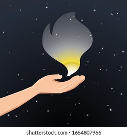 spirit. magic flame in the hand against the background of the starry sky. soul life, rebirth. vector illustration