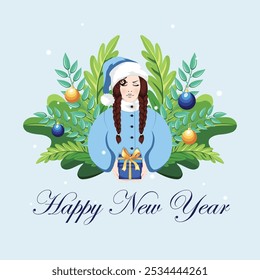 The Spirit of New Year, Brunette Woman with Braided Pigtails in blue Santa Outfit Offering a Bowed Gift Box, Surrounded by Christmas Greenery and Holiday Decorations