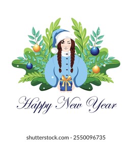 The Spirit of New Year, Brunette Woman with Braided Pigtails in blue Santa Outfit Offering a Bowed Gift Box, Surrounded by Christmas Greenery and Holiday Decorations