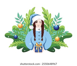 The Spirit of New Year, Brunette Woman with Braided Pigtails in blue Santa Outfit Offering a Bowed Gift Box, Surrounded by Christmas Greenery and Holiday Decorations