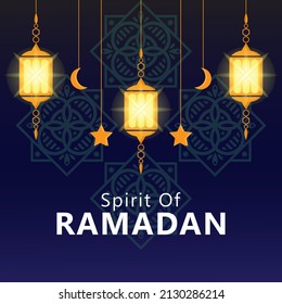 Spirit Of Ramadan vector poster. Lanterns, stars and moons over ornamental background. Greetings card