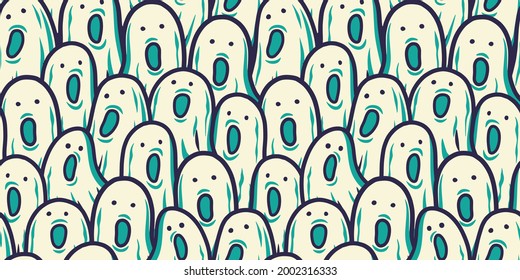 Spirit seamless pattern with scary horrible ghost and soul for halloween holiday design. October party banner, poster or postcard