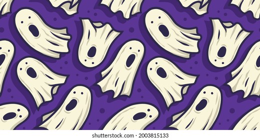 Spirit seamless pattern with scary horrible ghost and soul for halloween holiday design. October party banner, poster or postcard