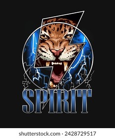 spirit slogan with angry leopard in thunder symbol and lighnings hand drawn vector illustration on black background