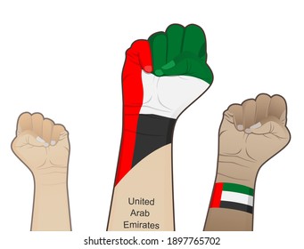 The spirit of struggle by lifting a hand with the flag of the United Arab Emirates