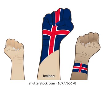 The spirit of struggle by lifting the hands with the Iceland flag on them
