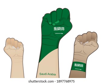 The spirit of struggle by lifting the hands of the Saudi Arabian flag