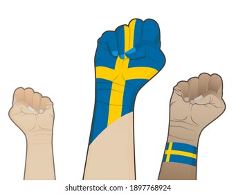 The spirit of struggle by raising the hand holding a picture of the Swedish flag