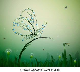 spirit of summer concept, butterfly looks like tree branches with flowers forget me not, grass, leaves, dandelions, summer composition, vector