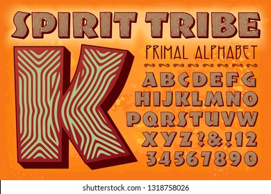 Spirit Tribe is a primal-style decorated sans serif alphabet which is evocative of animal stripes, fabric decoration, and the natural world