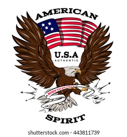 Spirit of USA emblem with american flag white brown flying eagle with ribbon in talons vector illustration