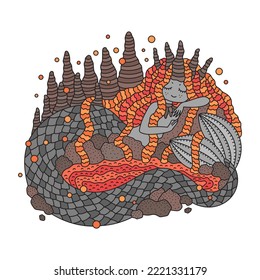 Spirit of volcano. Cute little girl with lava hair. Stone mermaid with crown. Goddess of mountains. Fantasy nature poster. Funny cartoon vector illustration for kids. Isolated on white