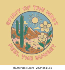 spirit of the west. feel the sunset. western hearts, desert cactus mountain graphics. girls boys men's women's graphic design. slogan text prints. desert cowgirl and cowboy cap head