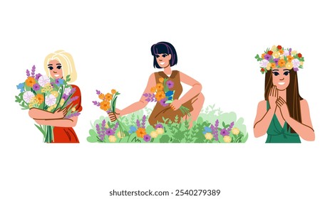 spirit wildflower woman  vector.  bohemian empowerment, strength grace, resilience harmony spirit wildflower woman character. people flat cartoon illustration