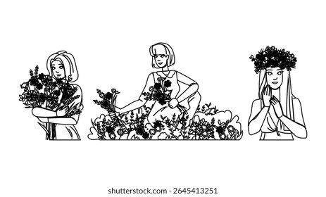 spirit wildflower woman vector. bohemian empowerment, strength grace, resilience harmony spirit wildflower woman character. people black line pencil drawing illustration