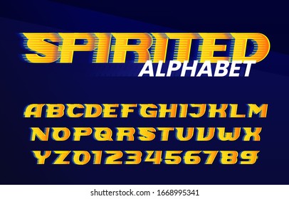 Spirited alphabet font. Fast speed effect dynamic letters and numbers. Stock vector typeface for your design in sport style.