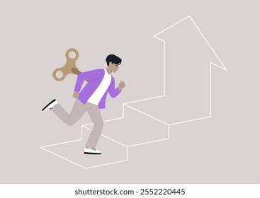 A spirited character races upward along stylized stairs, driven by a whimsical clockwork mechanism, embodying ambition and determination in a vibrant journey toward achievement