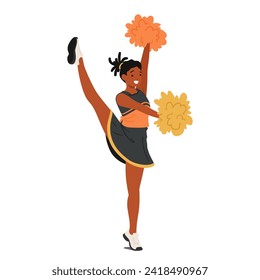 Spirited Cheerleader Girl Character Energizes Crowd With Infectious Enthusiasm. Pompoms Twirl In Perfect Sync, Radiating Joy And School Spirit With Dynamic Performance. Cartoon Vector Illustration