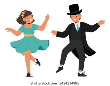 Spirited Little Boy And Girl Characters In Vintage Attire, Joyfully Dance To Retro Jazz Beats, Showcasing Adorable Moves That Echo The Timeless Charm Of Swing-era Rhythms. Cartoon Vector Illustration