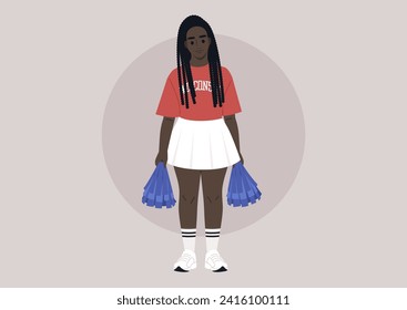 A spirited young cheerleader, clad in a college uniform, enthusiastically holds blue pompoms, leading a supportive team in cheering for their sports event